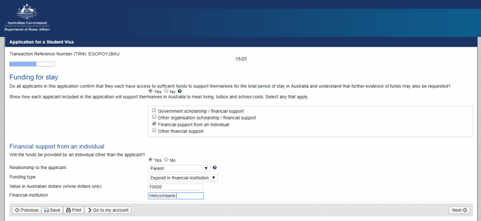 Điền bằng chứng chứng minh tài chính tại trang 15. Du học sinh cần điền đủ bằng chứng chứng minh tài chính tại trang 15
