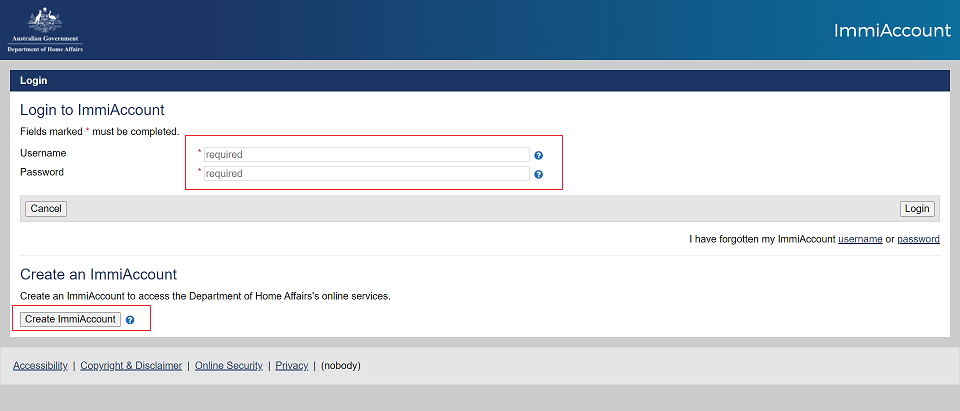 Nhập tên người dùng và mật khẩu để tạo tài khoản. Bước 1 cần tạo tài khoản cá nhân trên website của Bộ di trú Úc
