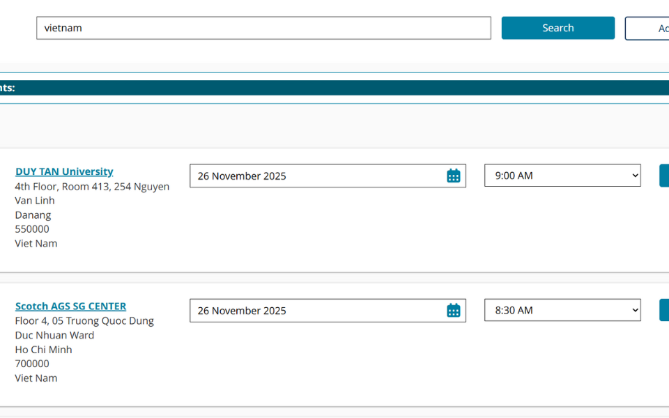 Giao diện xem lịch thi PTE và chọn trung tâm khảo thí